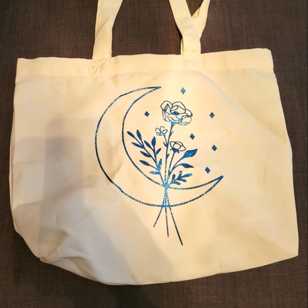 Blue moon and rose glitter tote bag